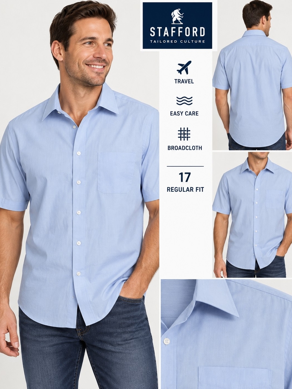 Stafford Men's Light Blue Short Sleeve Broadcloth Shirt